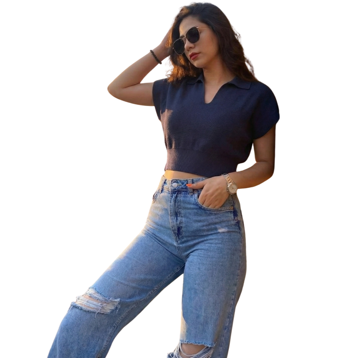 Triko Yakalı Crop Süveter