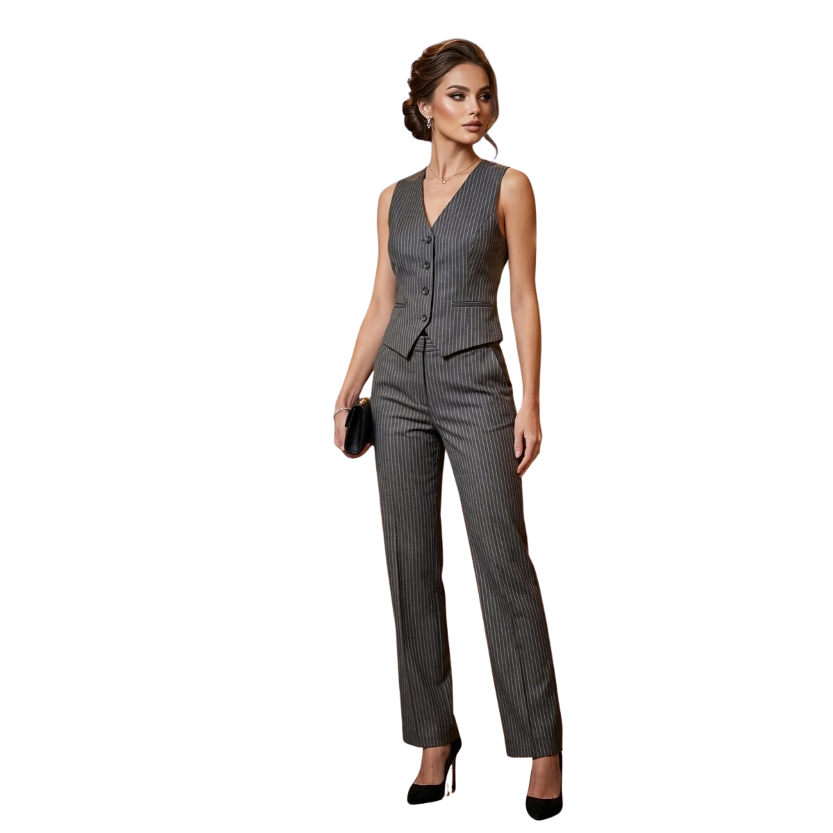 Gri Çizgili Yelek Pantolon Takım