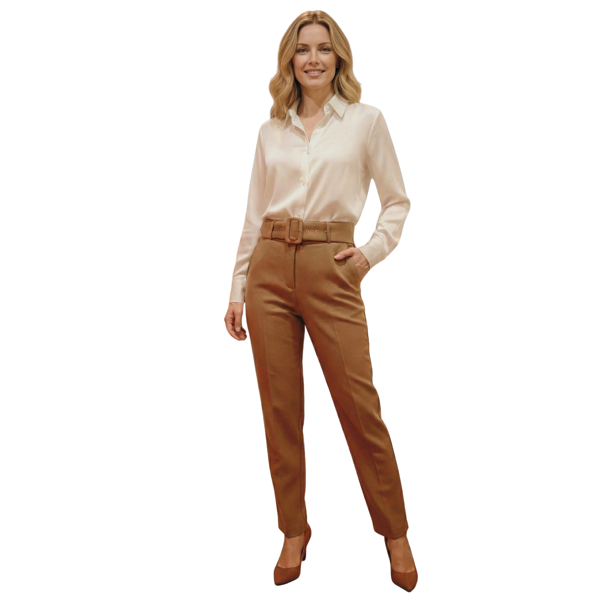 Yüksek Bel Boru Paça Kemerli Kumaş Pantolon