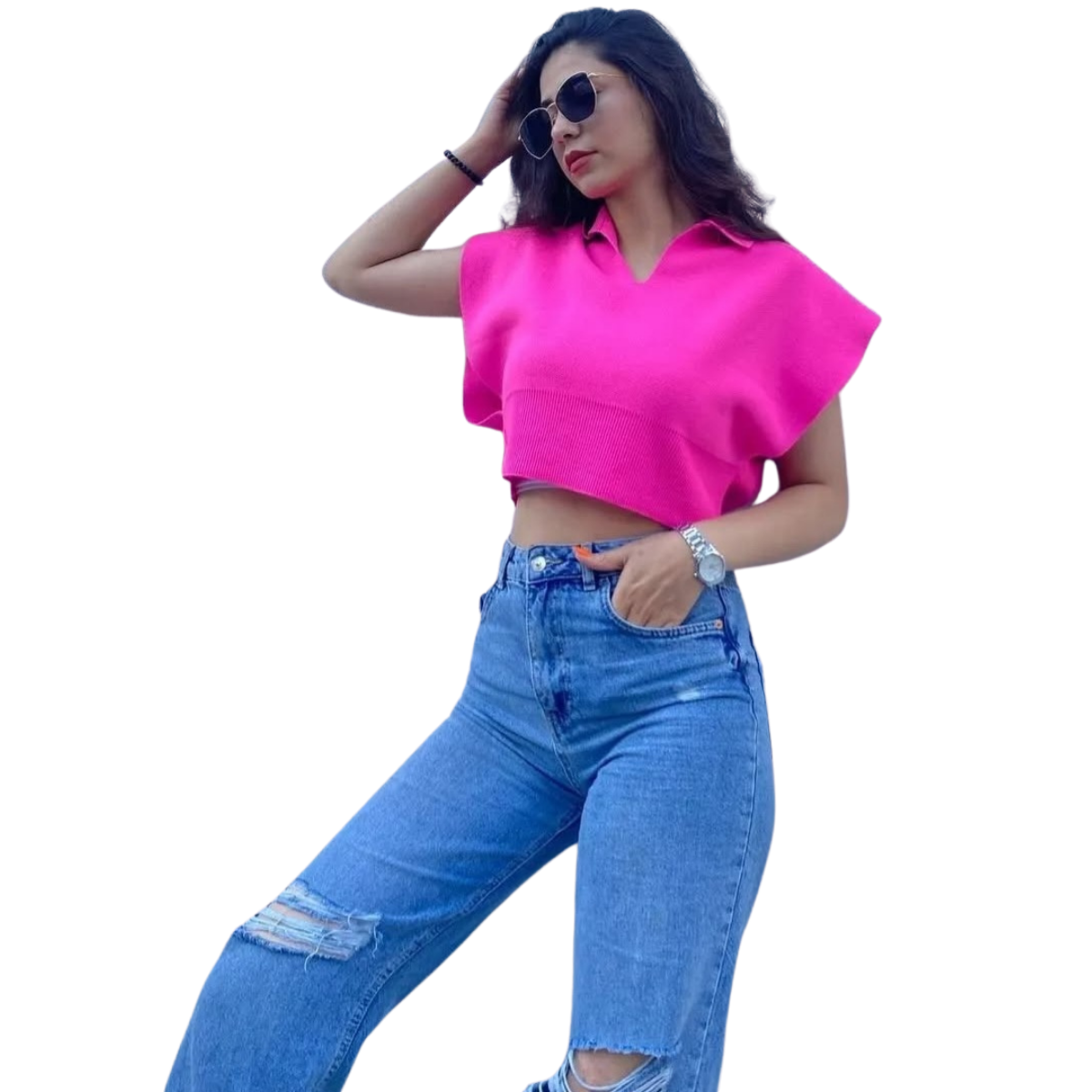 Triko Yakalı Crop Süveter